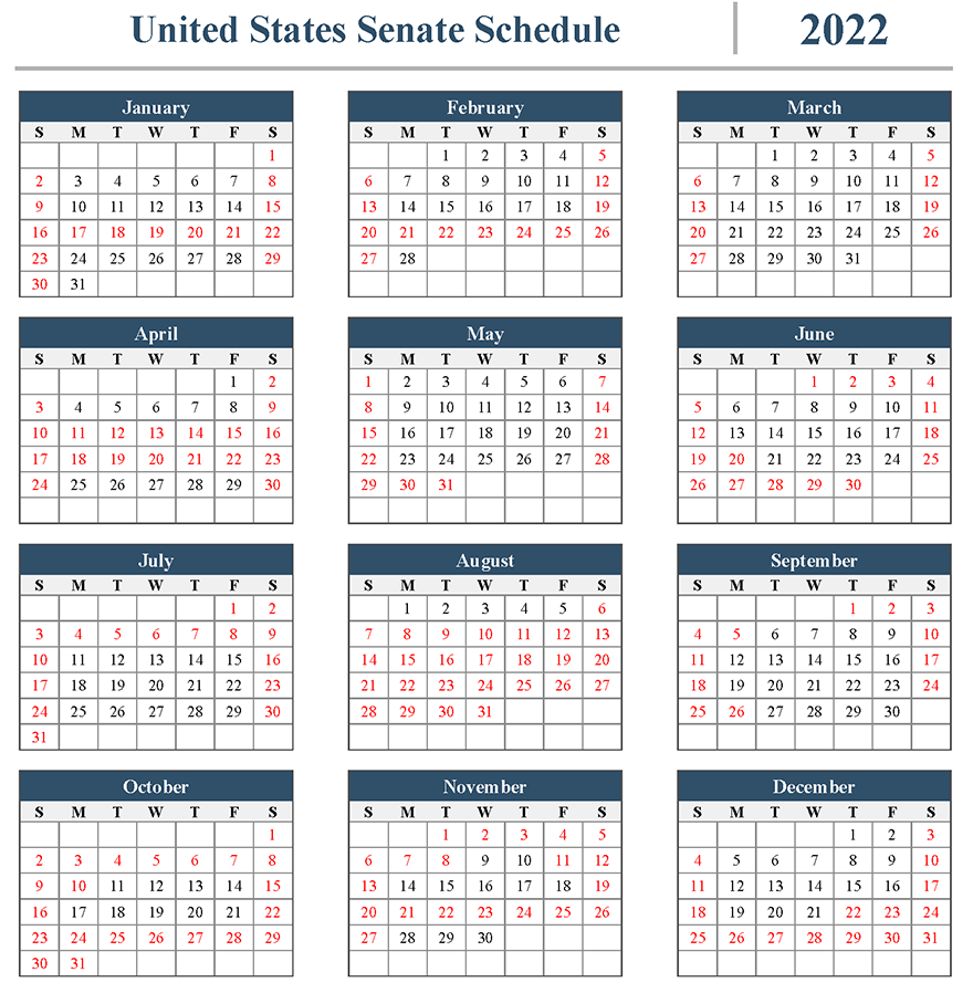 Calendar showing the US Senate schedule for 2022